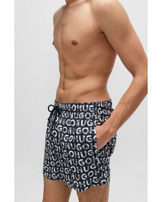 HUGO Blue Recycled-material Swim Shorts With Logo Print for men