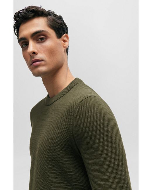 Boss Fein strukturierter Pullover aus Baumwolle mit Rundhalsausschnitt in Green für Herren