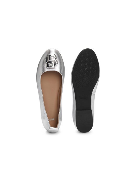 Boss White Metallic-Leather Ballerina Pumps With Double B Monogram