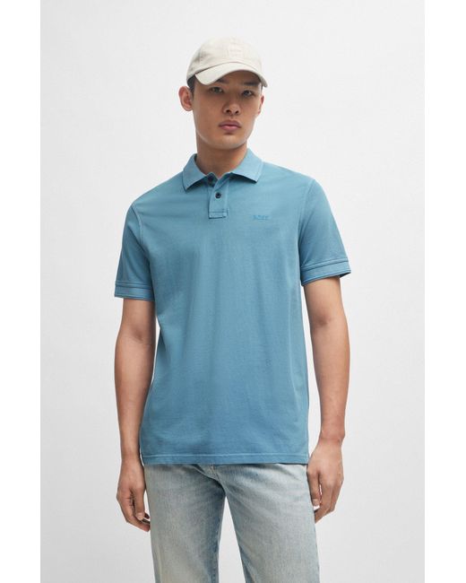 Boss Blue Cotton-piqué Polo Shirt With Logo Print for men
