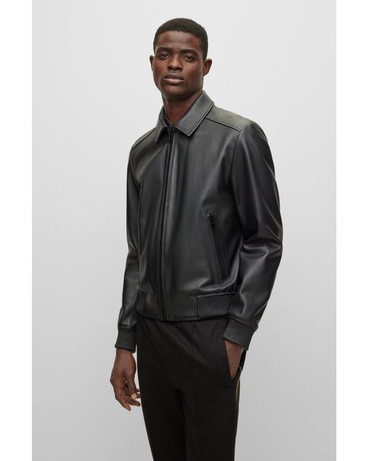 BOSS Nappa-leather Bomber Jacket With Wing Collar in Black for Men ...