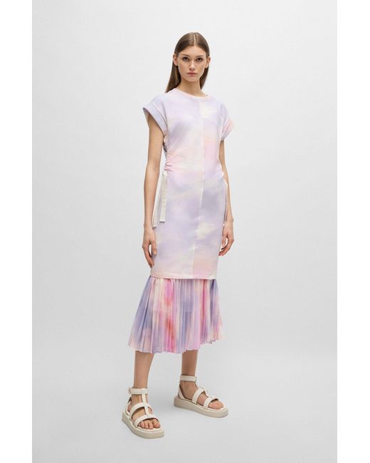 Boss Multicolor T-shirt Dress In Patterned Stretch Cotton With Branded Drawcords
