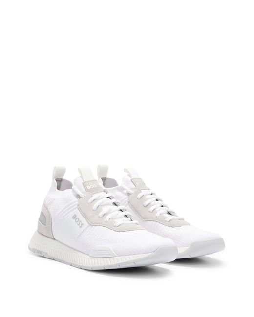 Baskets à tige en maille avec logos et finitions en cuir suédé Boss pour homme en coloris White