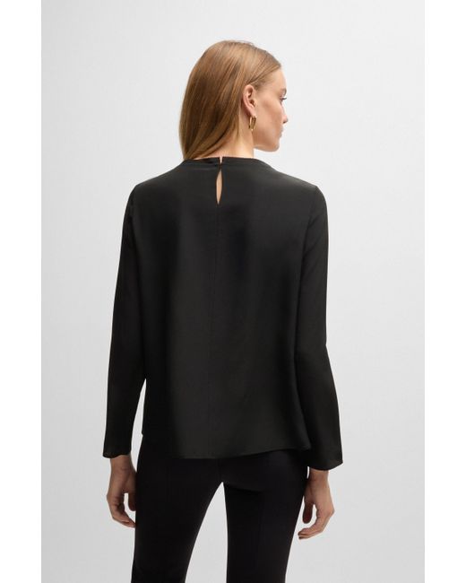 Boss Black Long-sleeved Blouse In Washed Silk With Pleated Front