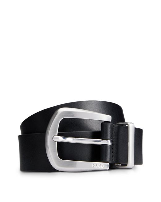 HUGO Black Italian-leather Belt With Metal End Tip for men