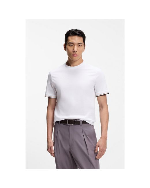 Boss White Cotton-Jersey T-Shirt With Signature-Stripe Cuffs for men