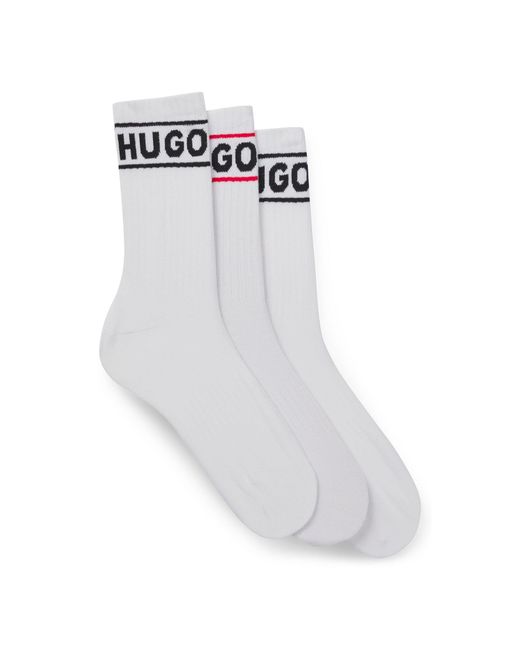 HUGO White 3 Pack Ribbed Sporty Socks