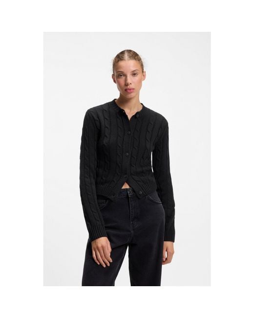 HUGO Black Cable-Knit Cardigan With Buttoned Closure