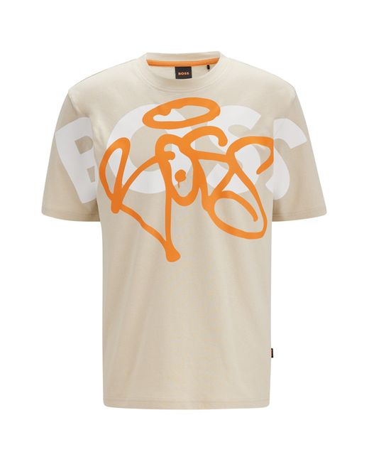 BOSS by Hugo Boss Natural Relaxed-fit Cotton T-shirt With Logo-graffiti Artwork for men