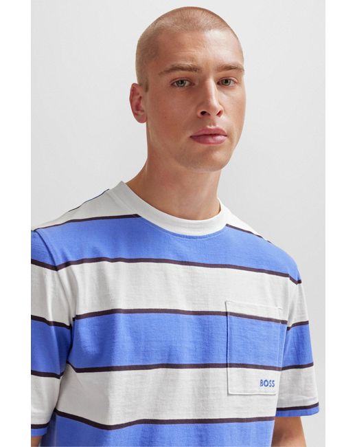 Boss Blue Block-striped T-shirt In Cotton Jersey for men