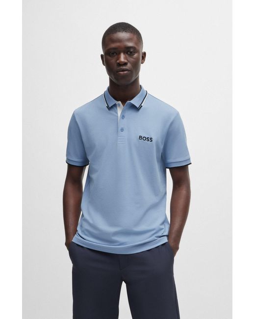 Boss Blue Cotton-blend Polo Shirt With Contrast Logos for men