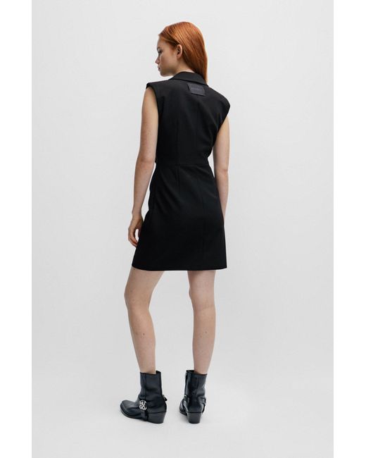 HUGO Black Slim-fit Tailored Dress With Lapels And Logo Patch
