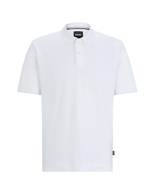 Boss White Mercerised-cotton Polo Shirt With Embroidered Double Monogram for men