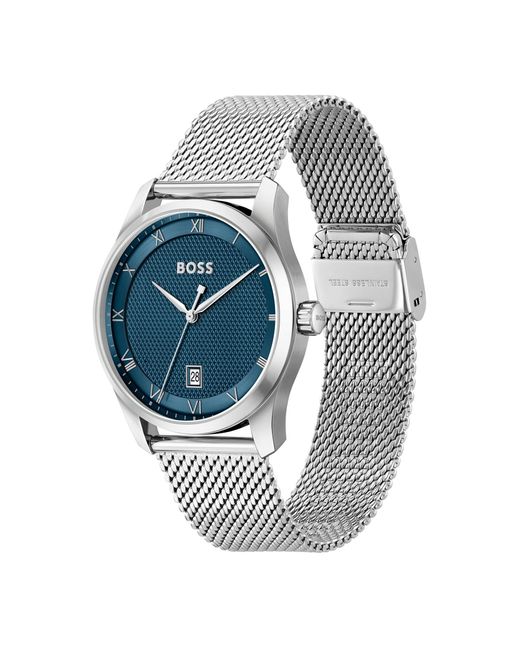 Boss Gray Mesh-bracelet Watch With Blue Patterned Dial for men