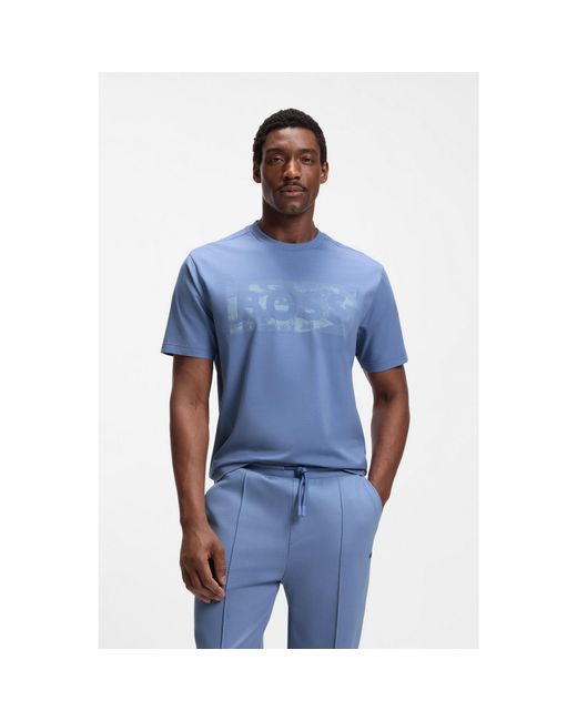 Boss Blue Stretch-Cotton T-Shirt With Logo Artwork for men