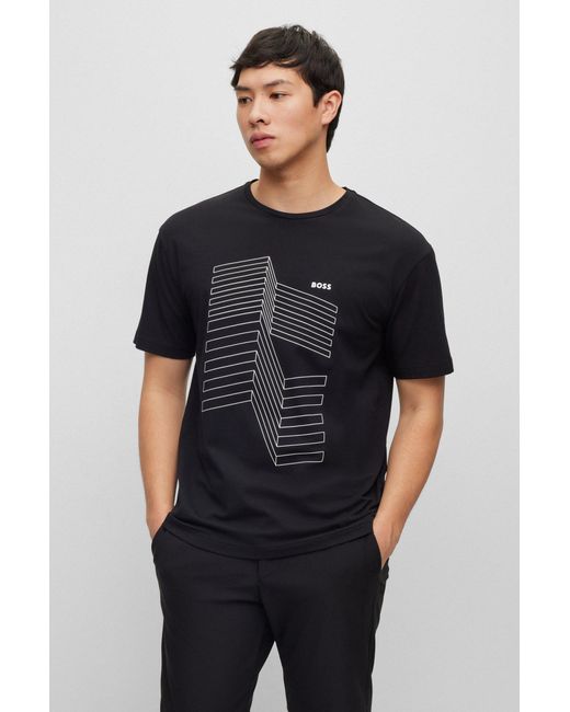 BOSS by Hugo Boss Black Relaxed-fit T-shirt In Stretch Cotton With Logo Artwork for men