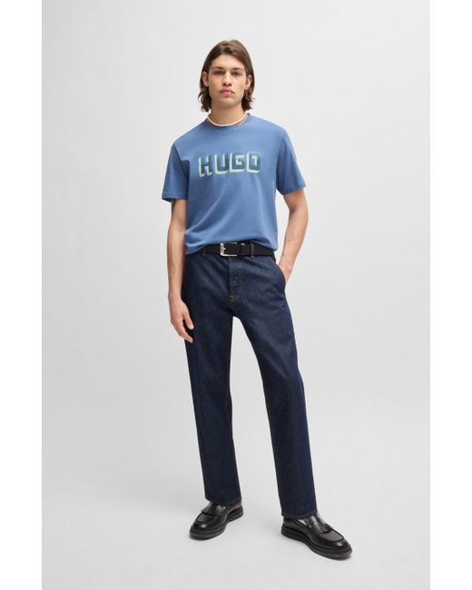 HUGO Blue Cotton-jersey T-shirt With Logo Print for men