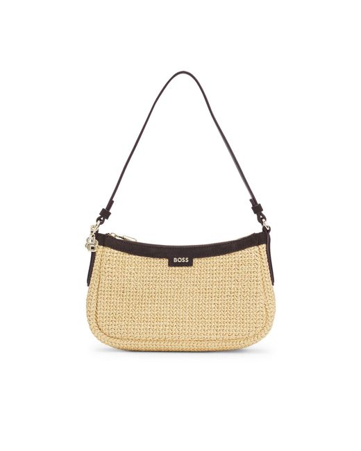 Boss Metallic Raffia Shoulder Bag With Double B Monogram Charm
