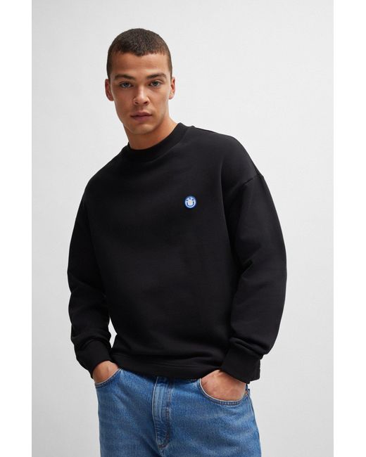 HUGO Black Cotton-terry Sweatshirt With Smiley-face Logo Patch for men