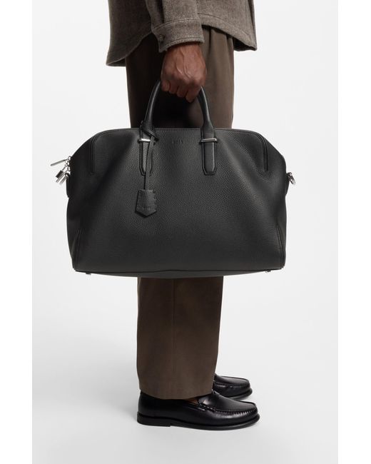 Boss Weekendtas Van Generfd Leer Met Reliëflogo in het Black voor heren