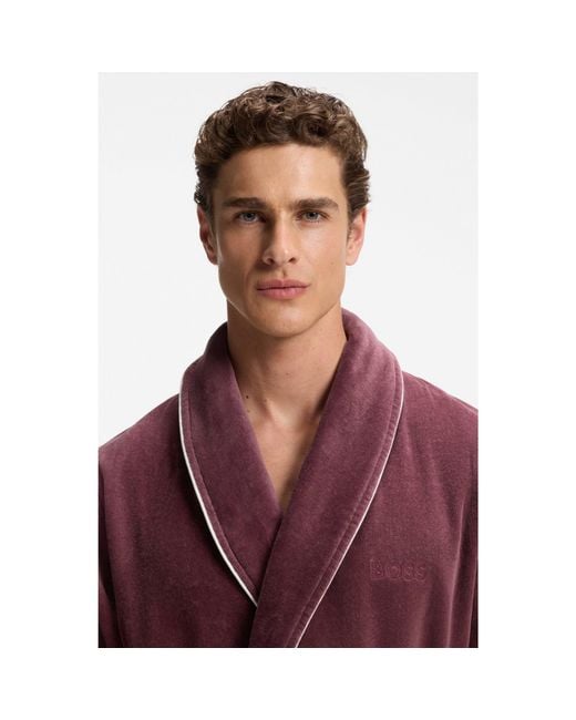 Boss Purple Cotton Dressing Gown With Piping And Embroidered Branding for men
