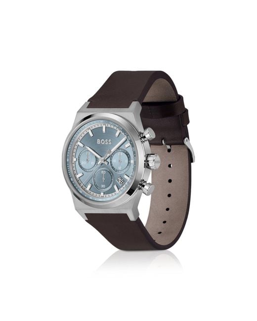 Boss Gray Tone Chronograph Watch With Leather Strap for men