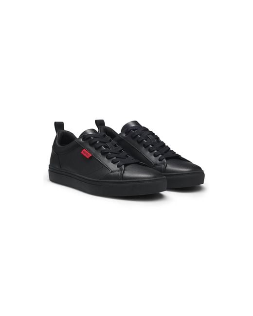 HUGO Black Faux-Leather Trainers With Logo Flag for men