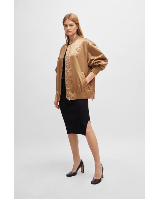 Boss Brown Sateen Bomber Jacket With Double Monogram Embroidery