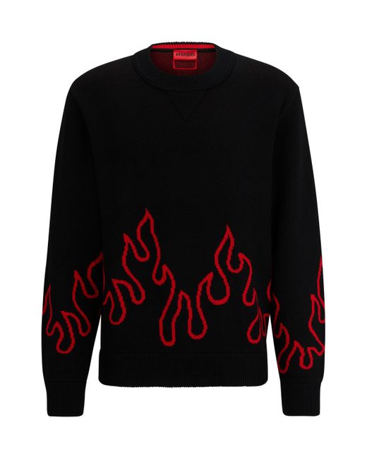 HUGO Black Relaxed-fit Sweater With Flame Jacquard In Wool Blend for men