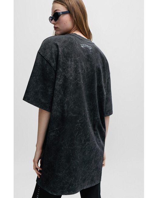 HUGO Black Cotton-jersey T-shirt Dress With Seasonal Print