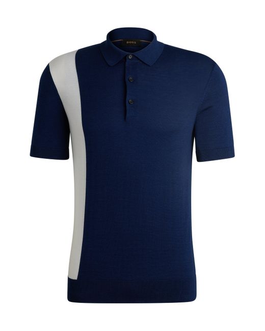 Boss Blue Polo-collar Regular-fit Sweater In Silk And Cotton for men