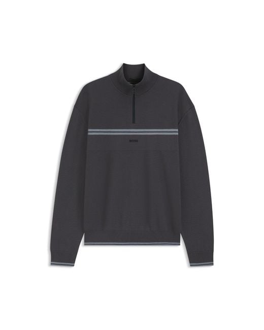 Boss Black Zip-Neck Cotton-Blend Sweater With Stripe Details for men