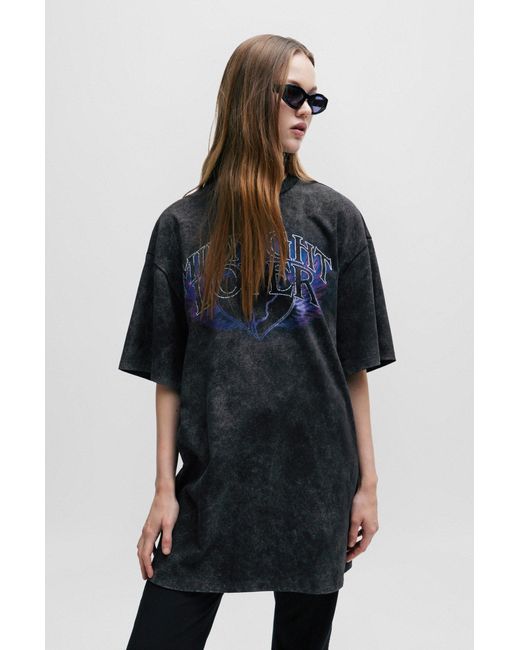 HUGO Black Cotton-jersey T-shirt Dress With Seasonal Print