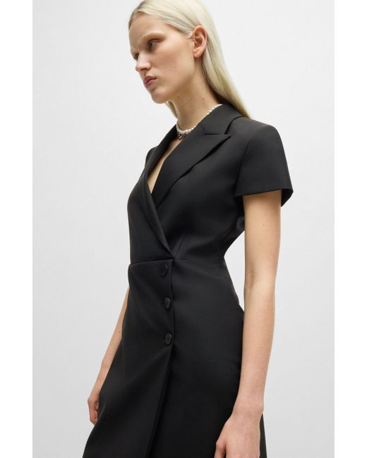 HUGO Black Button-front Dress With Peak Lapels