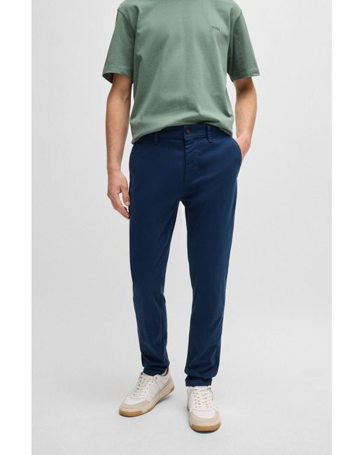 Boss Blue Tapered-fit Chinos In Stretch-cotton Satin for men
