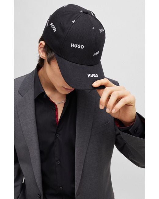 HUGO Cap aus Baumwoll-Twill mit sechs Bahnen und Print-Logos in Black für Herren