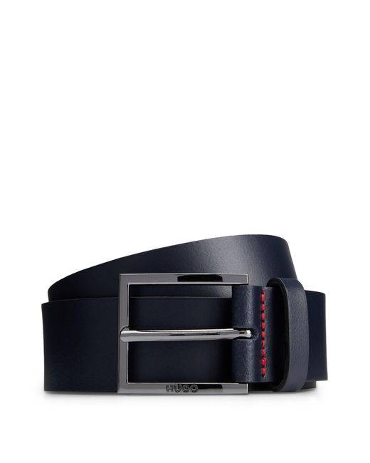 HUGO Blue Leather Belt With Red Stitching And Branded Buckle for men