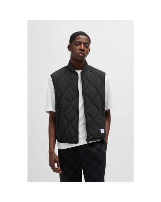 HUGO Black Water-Repellent Quilted Gilet With Logo Patch for men