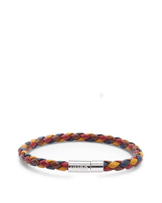 HUGO Multicolor Braided Italian-leather Cuff With Branded Metal Closure for men