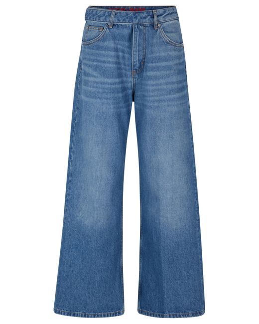 HUGO Oversized-fit Wide-leg Jeans In Mid-blue Denim