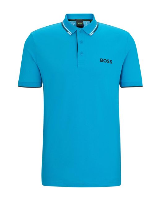 Boss Blue Cotton-blend Polo Shirt With Contrast Logos for men