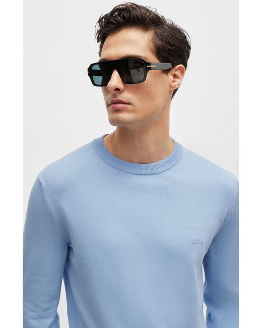 Boss Blue Crew-neck Sweater In Cotton With Embroidered Logo for men