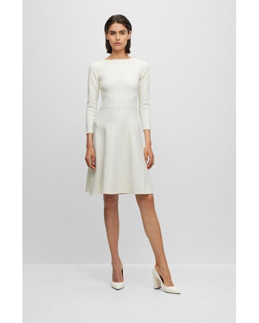 Boss White Long-sleeved Dress With Metallised Degradé Pattern