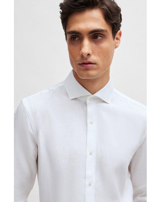 Boss White Slim-fit Shirt In Linen With Spread Collar for men