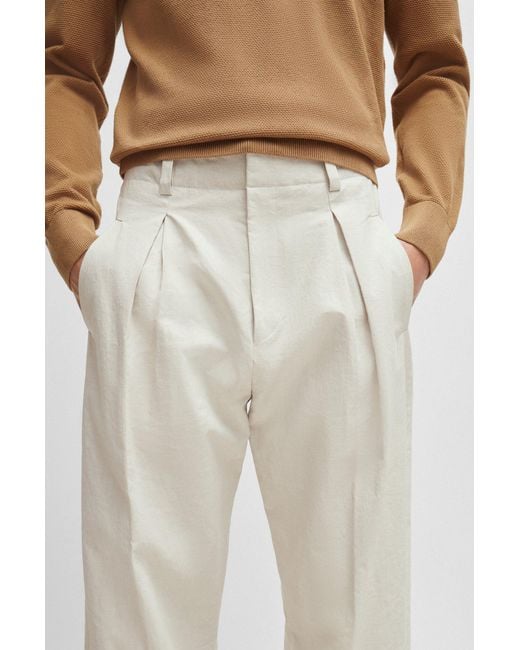 Boss White Formal Trousers With Front Pleats In Fluid Material for men