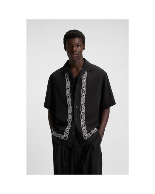 HUGO Black Oversized-Fit Shirt With Embroidered Pattern for men