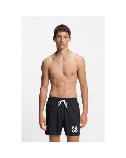 HUGO Blue Quick-Dry Swim Shorts With Printed Stacked Logo for men