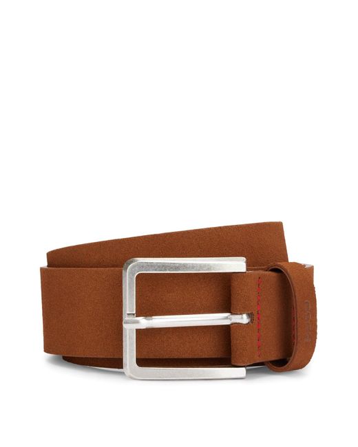 HUGO Brown Suede Belt With Silver-tone Buckle for men