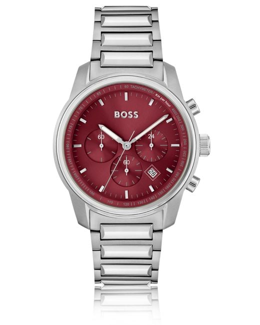 Boss Red Link-bracelet Chronograph Watch With Bordeaux Dial for men