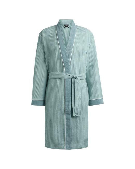 Boss Blue Honeycomb-Cotton Dressing Gown With Terry Contrasts